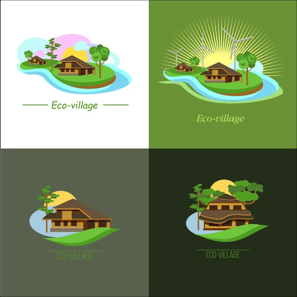 Conjunto de logotipos vetoriais ECO-village ECO-house. .. Imóveis subúrbios. Moinhos de vento. Estilo de marca — Vetor de Stock