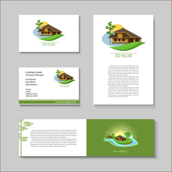 Ensemble d'affiches vectorielles et de cartes de visite avec le logo des éco-villages, ECO-house. Style de marque. Immobilier banlieue — Image vectorielle