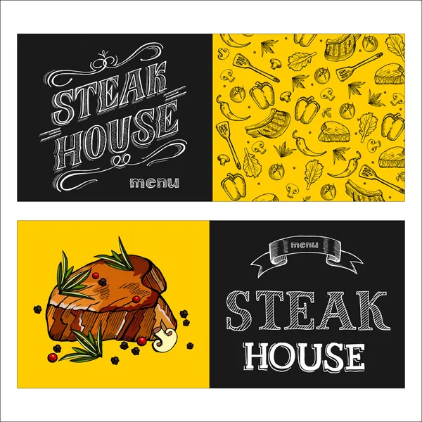 Steak house. Illustration vectorielle.Steak dessiné à la craie sur un tableau noir. Illustration vectorielle dessinée main — Image vectorielle