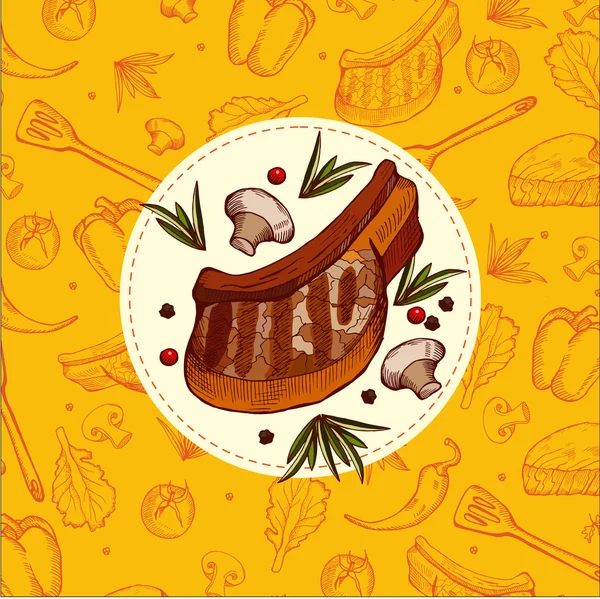 Steak. Steak sudah ditarik. Grill, Barbecue. Ilustrasi vektor gambar tangan - Stok Vektor