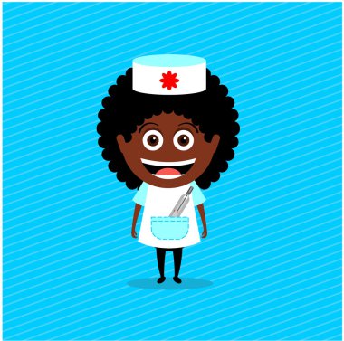 Doktor, hemşire, Afro-Amerikalı. Vektör illüstrasyon, karakter. Cebinde termometre olan hemşire kostümlü kız.