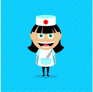  Doktor, hemşire. Vektör illüstrasyon, karakter. Cebinde termometre olan hemşire kostümlü kız.