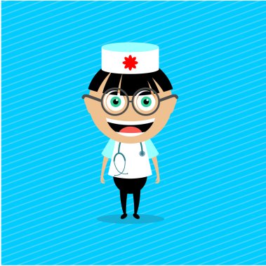 Doktor. Vektör illüstrasyon, karakter. Steteskoplu doktor kostümlü çocuk..