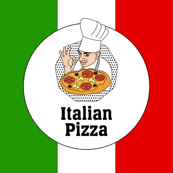 Kocken italienska köket och pizza på bakgrunden av flaggan i Italien. Logo, etikett pizza — Stock vektor