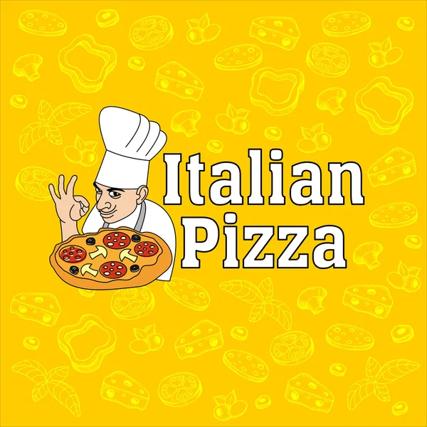 Italiensk mat och pizza. Logo typ, etikett pizza. De designelement ritade pizza ingredienser — Stock vektor