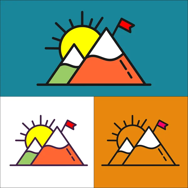 등반 및 여행. 벡터 기호 로고입니다. 눈 덮인 봉우리와 깃발이있는 산 — 스톡 벡터