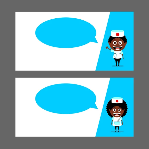 Dokter, verpleegster, Afro-Amerikanen met de stethoscoop en thermometer. De tekstballon. Vector illustratie, teken. Set visitekaartjes, flyers. Geneeskunde. — Stockvector