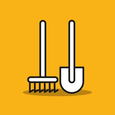 Bahçe aletleri. Kürek ve tırmık. Bahçede çalışmak için araçlar. Vektör simgesi.