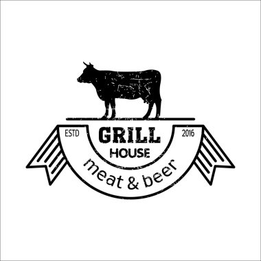 Izgara evi. Vintage logo ızgara. Et ve bira. Bir kafe, bira restoranı için logo. Barbekü