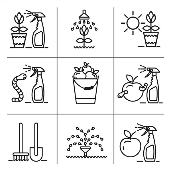 Garden, fruit, harvest, watering, spraying of garden pest, garden care, garden tools, set of vector icons