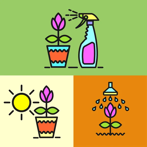 Giardino, irrigazione dei fiori, spruzzatura di colori da parassiti, irrigazione fiori, pianta in vaso, spray, set di icone vettoriali — Vettoriale Stock
