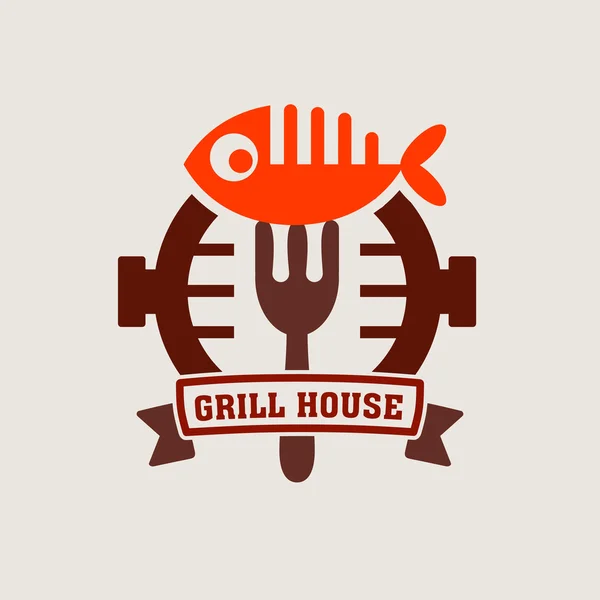 Grillbar etiket, logo. Etiket Steakhouse. Grillrestaurantens etiketter og designelementer. Fisk på grillen . – Stock-vektor