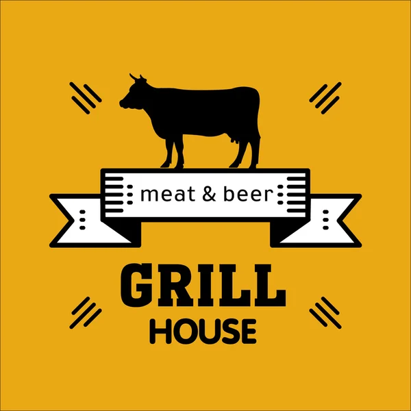 グリルハウス黄色の背景にヴィンテージグリルのロゴ。肉とビールカフェ、ビールレストランのロゴ。バーベキュー — ストックベクタ