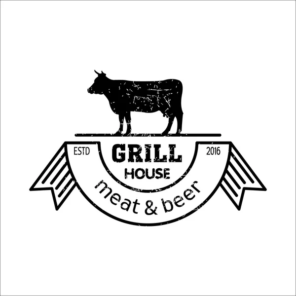 グリルハウスヴィンテージロゴグリル。肉とビールカフェ、ビールレストランのロゴ。バーベキュー — ストックベクタ