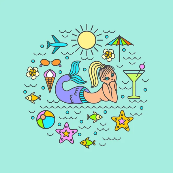 I love summer, vector summer and vacation poster or print for t-shirt in trend linear style - illustration with icons form of a circle. — Stock Vector