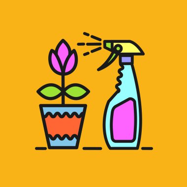  Zararlılar için çare. Püskürtme renkleri. Saksıda bir çiçek. Vektör simgesi. Sprey