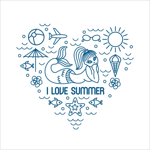  Ben yaz, vektör yaz ve tatil posteri veya trend doğrusal tarzı kalp şeklinde t-shirt için baskı seviyorum - simgeler ve işaret monokrom ile illüstrasyon