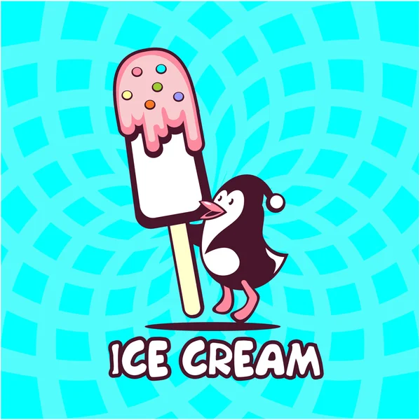 Ice Cream teken, logo. Vector illustratie van pinguïn met ijs op een heldere achtergrond — Stockvector