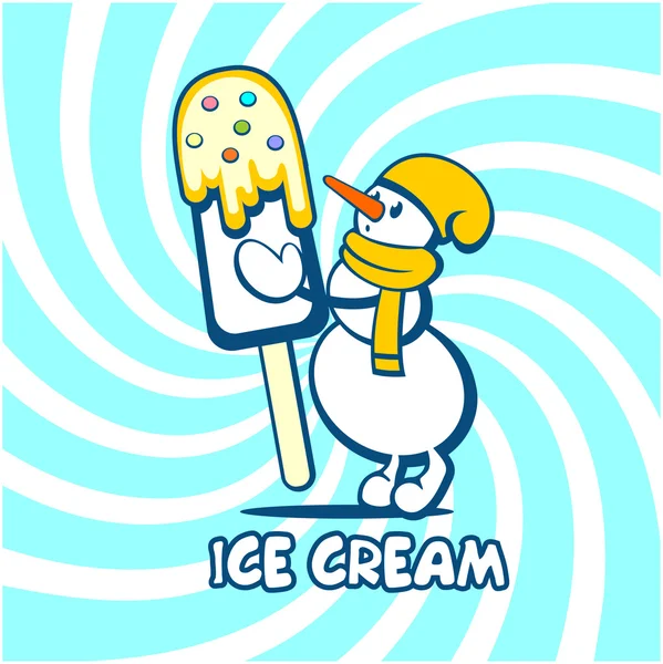 Ice cream. Logo. Vector illustration of snowman with ice cream on a bright background — Stock Vector