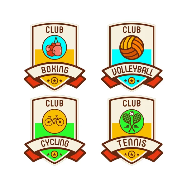 Logos, Embleme, Embleme von Sportvereinen. Boxen, Volleyball, Radfahren, Tennis — Stockvektor