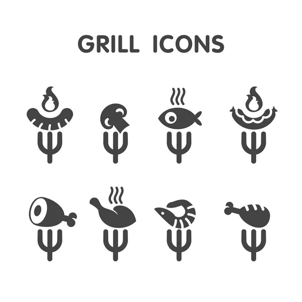 Grillstangen-Etiketten, Logos setzen. Label Steakhouse. Die Etiketten und Gestaltungselemente des Grillrestaurants. Hühnchen, Wurst, Schweinefleisch, Gemüse, Garnelen auf dem Grill. — Stockvektor