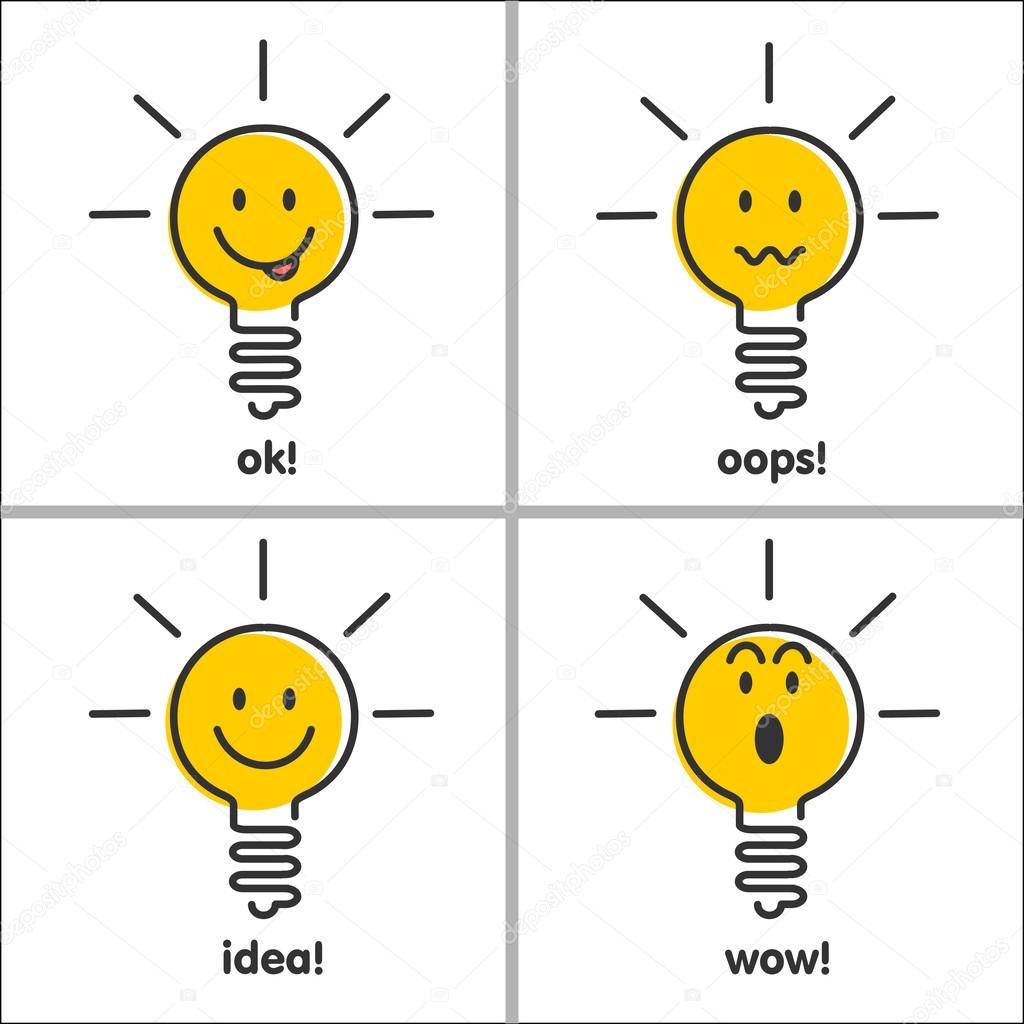 Ideas, emotions. Light bulb smiley face, set of vector icons.