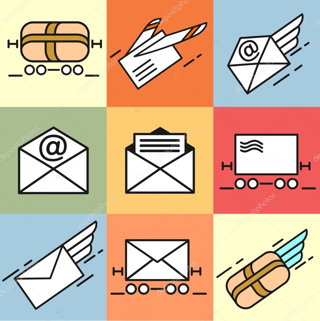 Mail. Set of vector icons. Fast delivery of letters. E-mail. Letter, parcel, mail