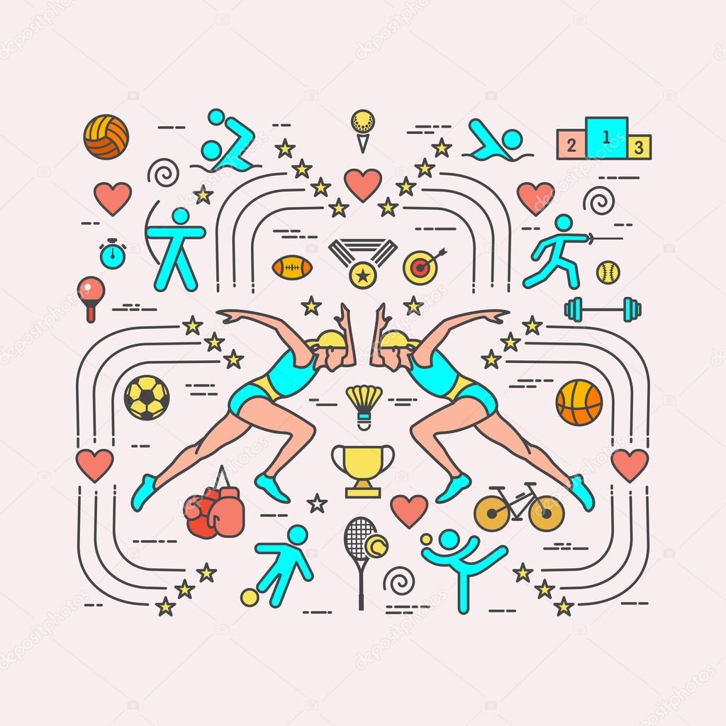 Sport. Sports infographics. Different types of sports. The set of elements and icons for print on t-shirts.