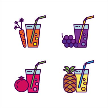 Taze meyve suyu. Simge seti, meyve ve sebze doğal meyve suları. Havuç, üzüm, ananas, nar.