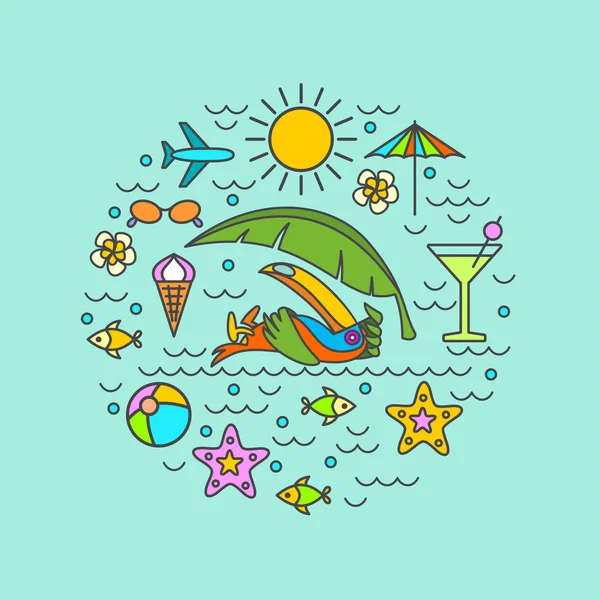 Été, plage, Toucan, infographies sur fond bleu. Un ensemble de symboles et d'éléments à imprimer sur les t-shirts — Image vectorielle