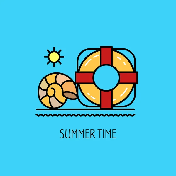 夏天。暑假。救生圈和贝壳。矢量标志. — 图库矢量图片