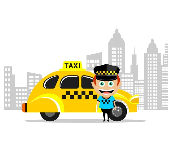 Taksi şöförü ve taksi. Vektör illüstrasyonu, simge taksisi. — Stok Vektör