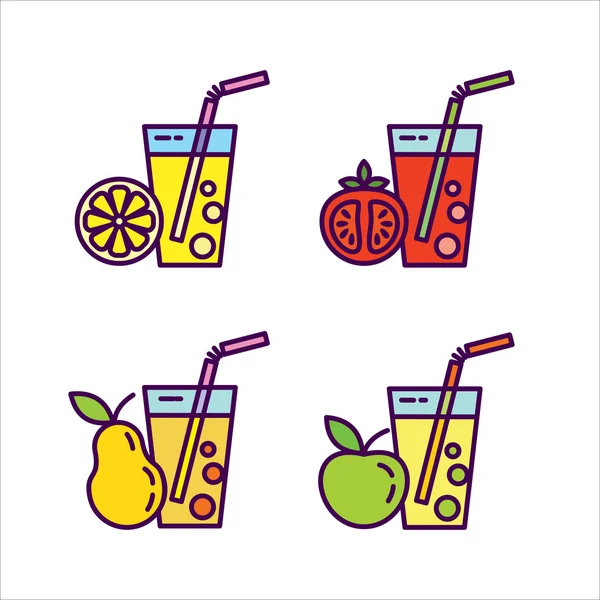 Fresh juice. Icon set, natural juices from fruits and vegetables. Tomato, Apple, pear, orange. — Stock Vector