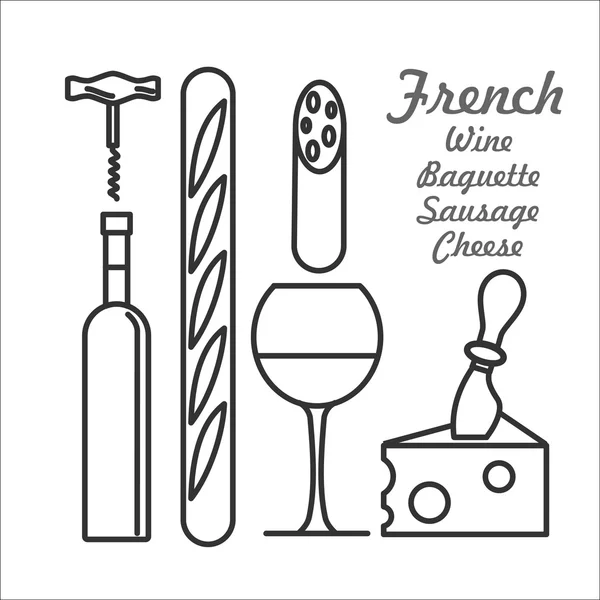 Şarap şişesi, Fransız baget, peynir, sosis, tirbuşon. Beyaz bir arka plan üzerinde izole. Vektör simge kümesi — Stok Vektör