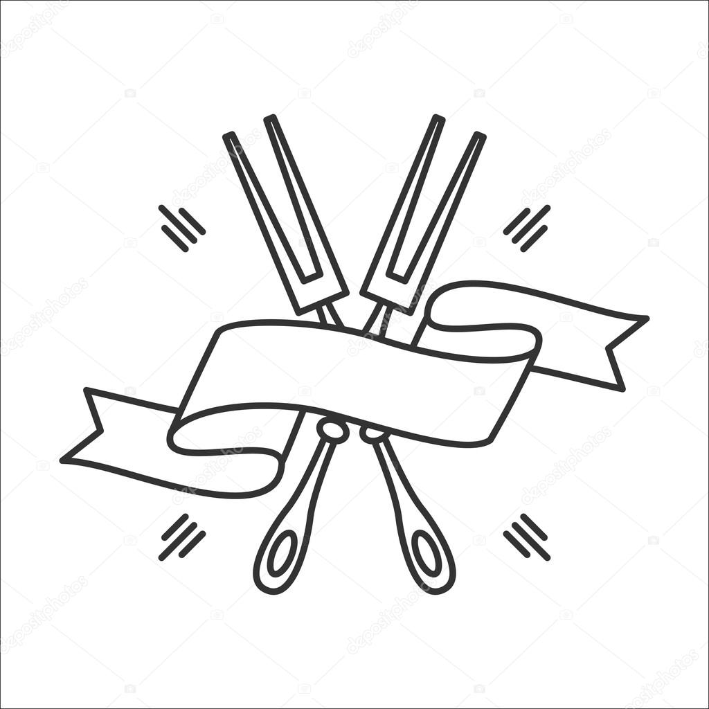Two crossed forks with an elegant ribbon. Set for barbecue. Cutlery, Vector sign.