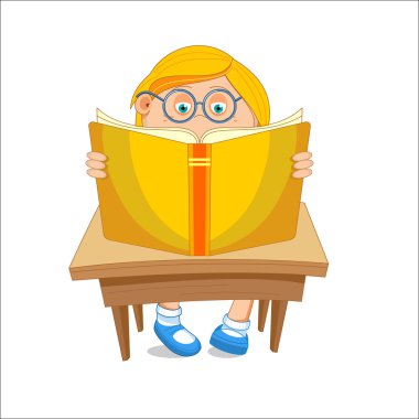 Gözlüklü, kız masadan vektör çizim açık kitap okuma