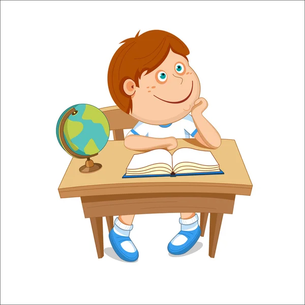 El niño se sienta a la mesa, sobre la mesa un libro y un globo, ilustración vectorial — Vector de stock