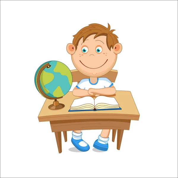 Niño sentado en la mesa mirando un globo, ilustración vectorial . — Vector de stock