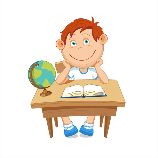 Niño sentado en la mesa, en la mesa es un globo, vector de ilustración — Vector de stock