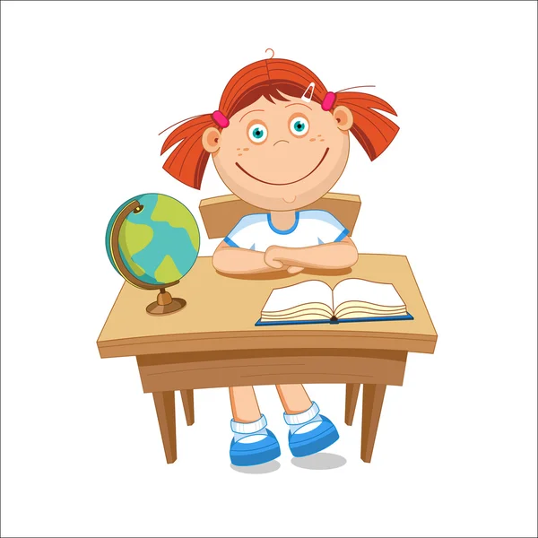Una colegiala sentada en la mesa. En el globo del libro de mesa. Ilustración vectorial — Vector de stock