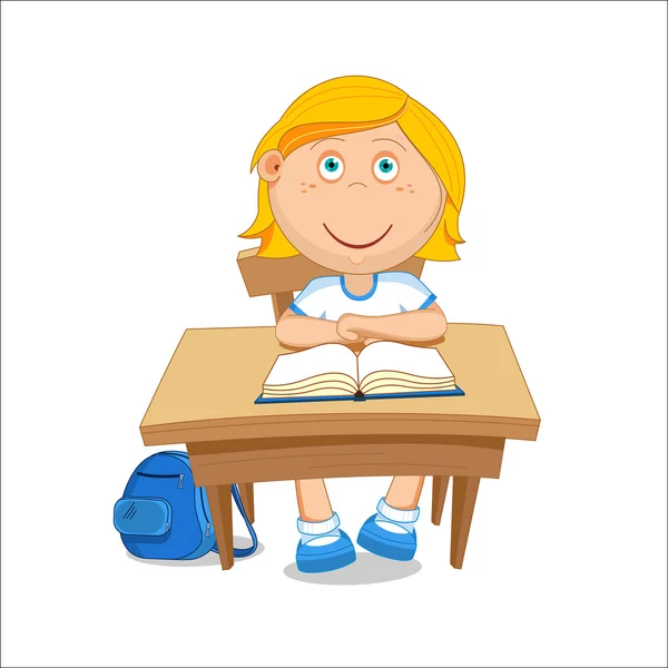 Menina estudante sentada à mesa. Ilustração vetorial . —  Vetores de Stock