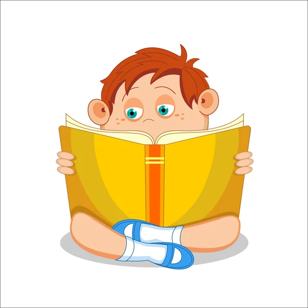 Kid, boy, reading open book, vector illustration — Free Stock Photo