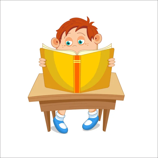 Niño, lectura libro abierto, sentado a la mesa, ilustración vectorial — Archivo Imágenes Vectoriales