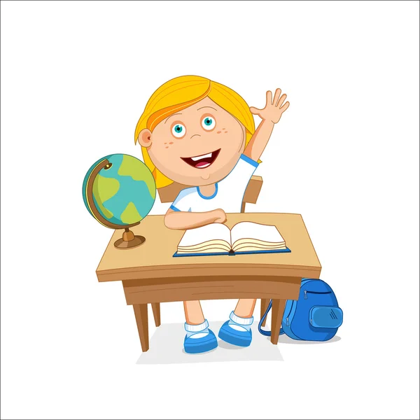 Menina da escola sentada na mesa, escolhida a dedo, ilustração vetorial —  Vetores de Stock