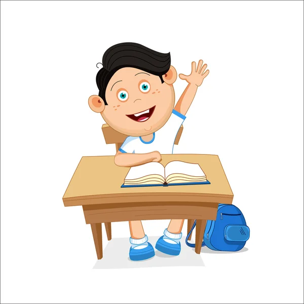 Vectorillustratie, school jongen zittend op tafel, hand geplukt. — Stockvector