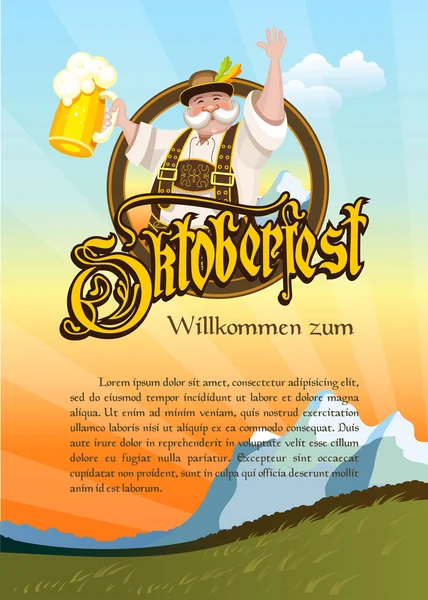 Oktoberfest. Emblema. Paisagem bávara alegre no backgrou —  Vetores de Stock