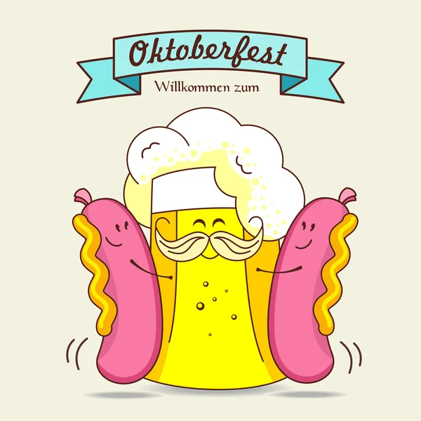 Oktoberfest. Due salsicce e una tazza di birra. Cartone animato vettoriale. Divertimento — Vettoriale Stock