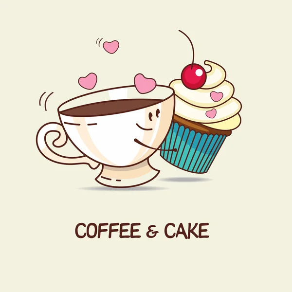 Café y pastel, amor para siempre. Un abrazo de café y pastel. Comic, carto — Vector de stock