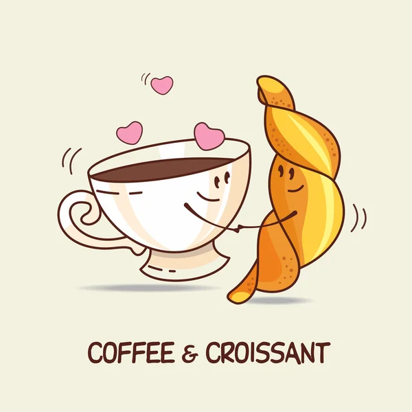 Café y croissant, amor para siempre. Comic, dibujos animados. Vector illus — Vector de stock