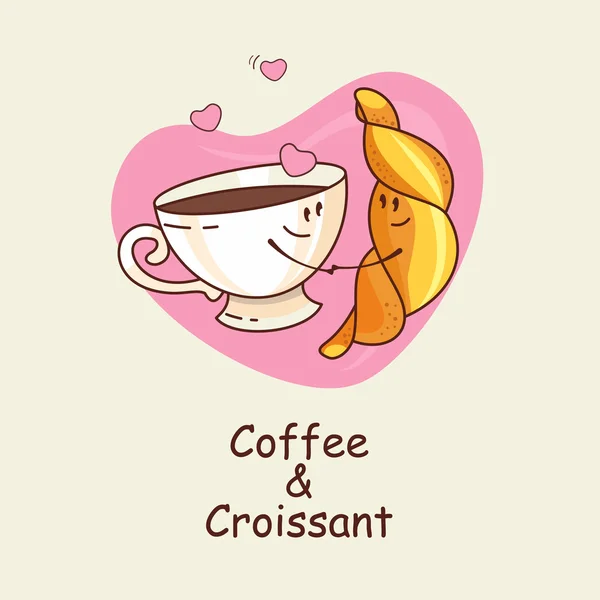 Café y croissant, amor para siempre. Ilustración vectorial de una comunicación — Vector de stock